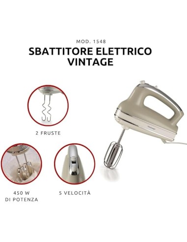SBATTITORI: vendita online Ariete 1548 Sbattitore Vintage, 450W, 5 Velocità + Turbo, 2 Fruste Inox, Beige in offerta