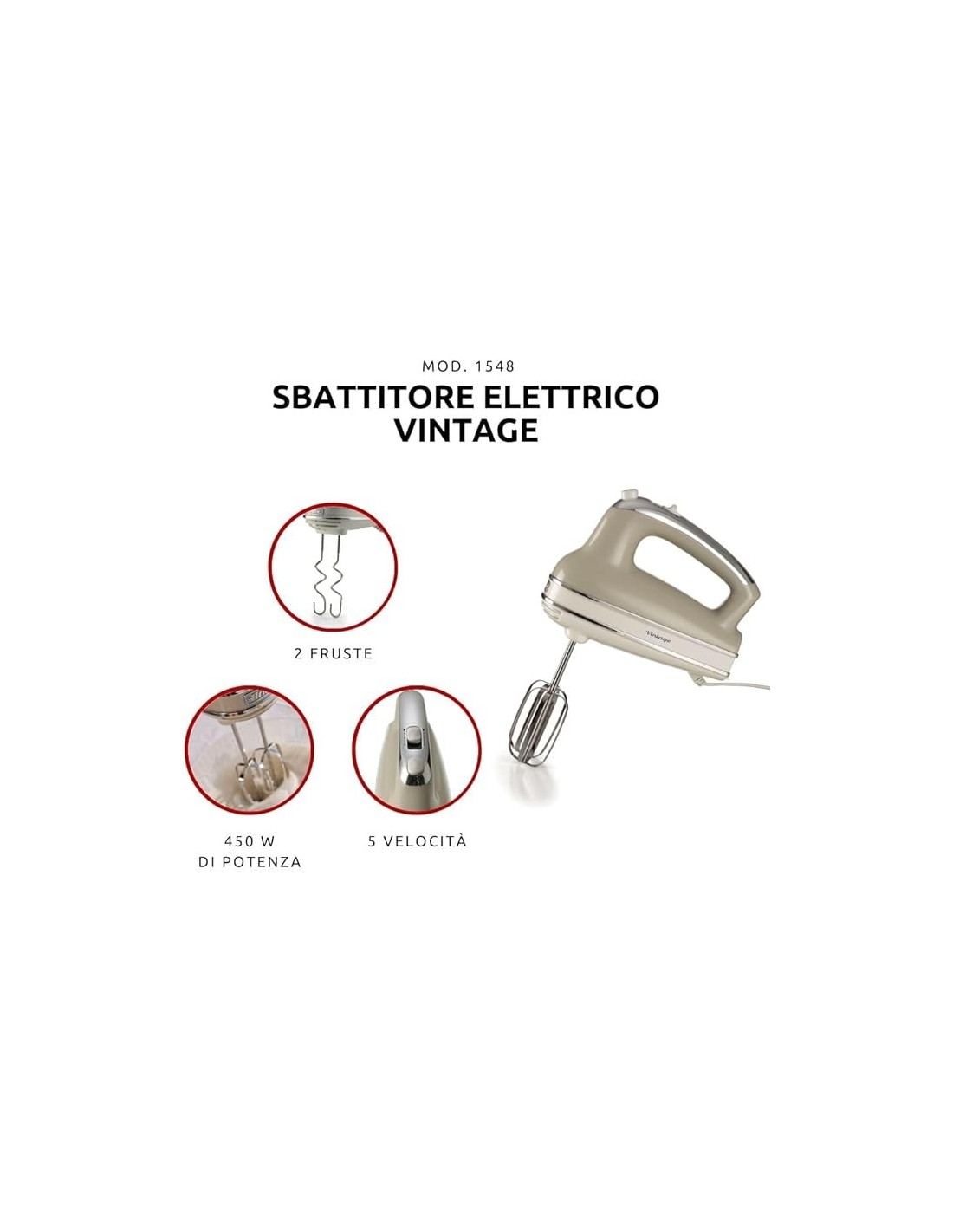 SBATTITORI: vendita online Ariete 1548 Sbattitore Vintage, 450W, 5 Velocità + Turbo, 2 Fruste Inox, Beige in offerta