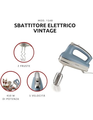 SBATTITORI: vendita online Ariete 1548 Sbattitore Vintage, 450W, 5 Velocità + Turbo, 2 Fruste Inox, Celeste in offerta