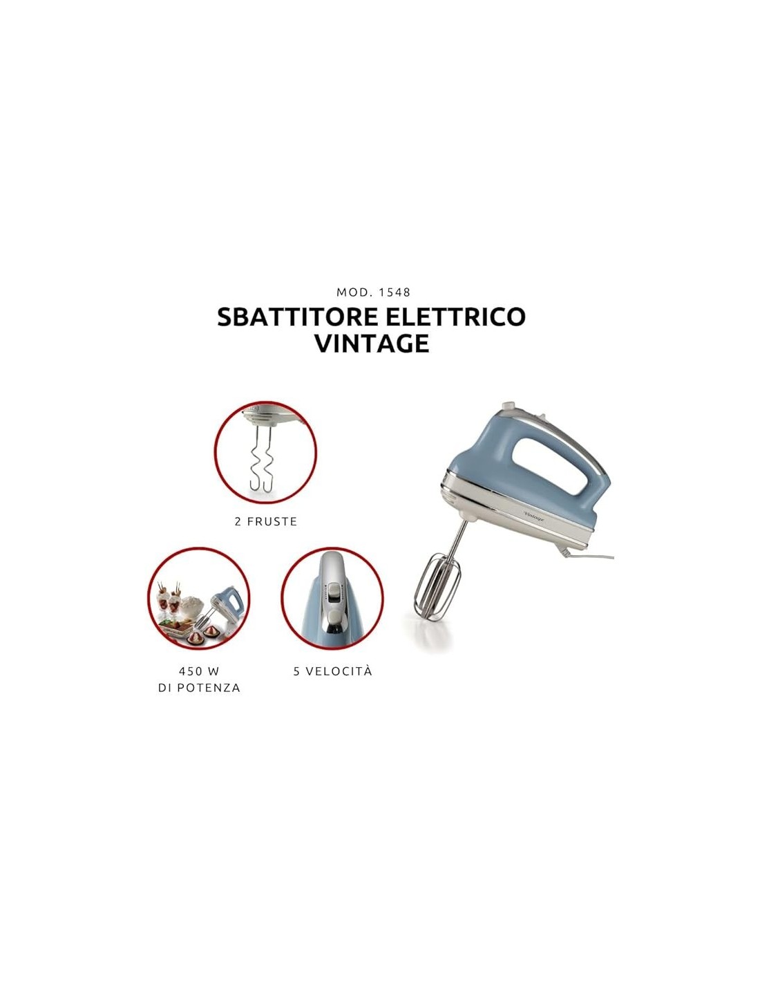SBATTITORI: vendita online Ariete 1548 Sbattitore Vintage, 450W, 5 Velocità + Turbo, 2 Fruste Inox, Celeste in offerta