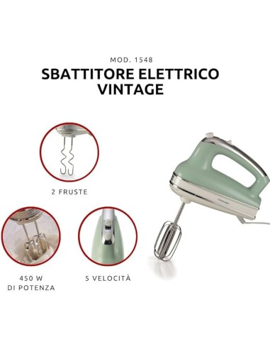 SBATTITORI: vendita online Ariete 1548 Sbattitore Vintage, 450W, 5 Velocità + Turbo, 2 Fruste Inox, Verde in offerta