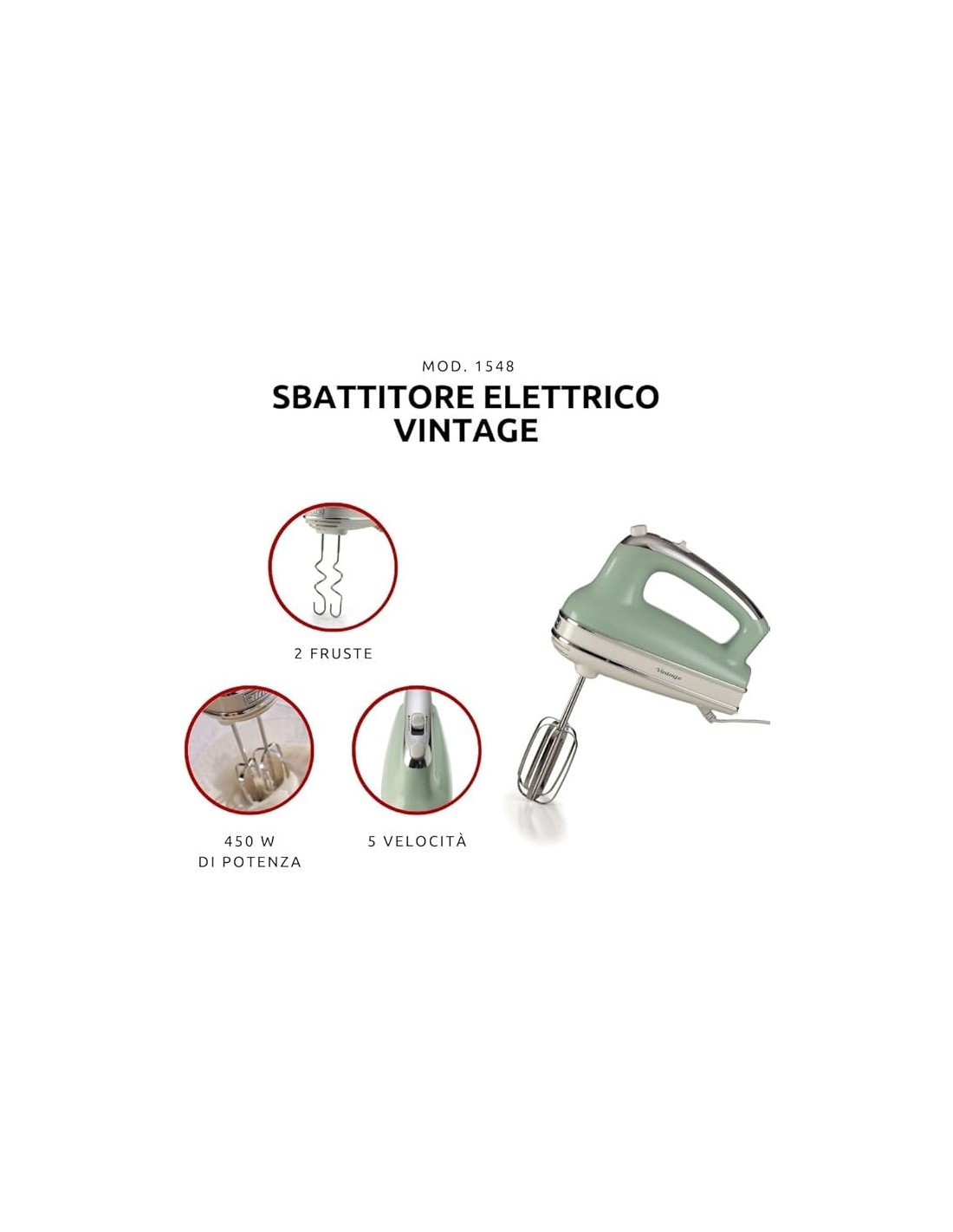 SBATTITORI: vendita online Ariete 1548 Sbattitore Vintage, 450W, 5 Velocità + Turbo, 2 Fruste Inox, Verde in offerta