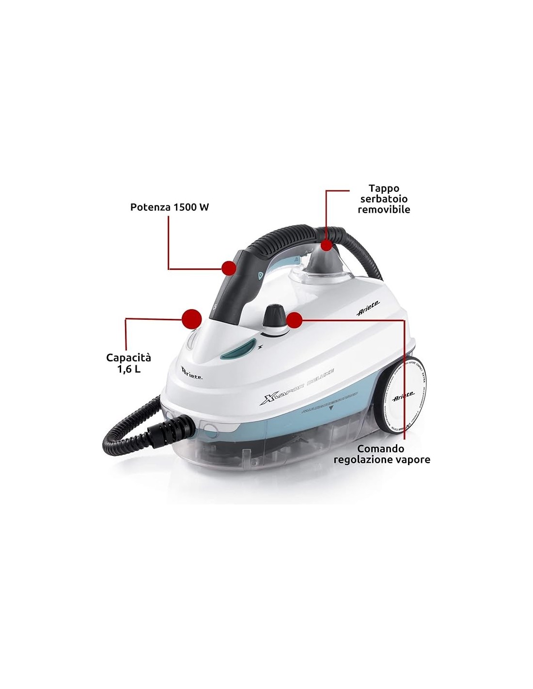 ASPIRAPOLVERE E SCOPE: vendita online Ariete 4146 XVapor Deluxe, Pulitore a Vapore Mobile, 5 Bar, 1500W, Autonomia 55 Min, Se...