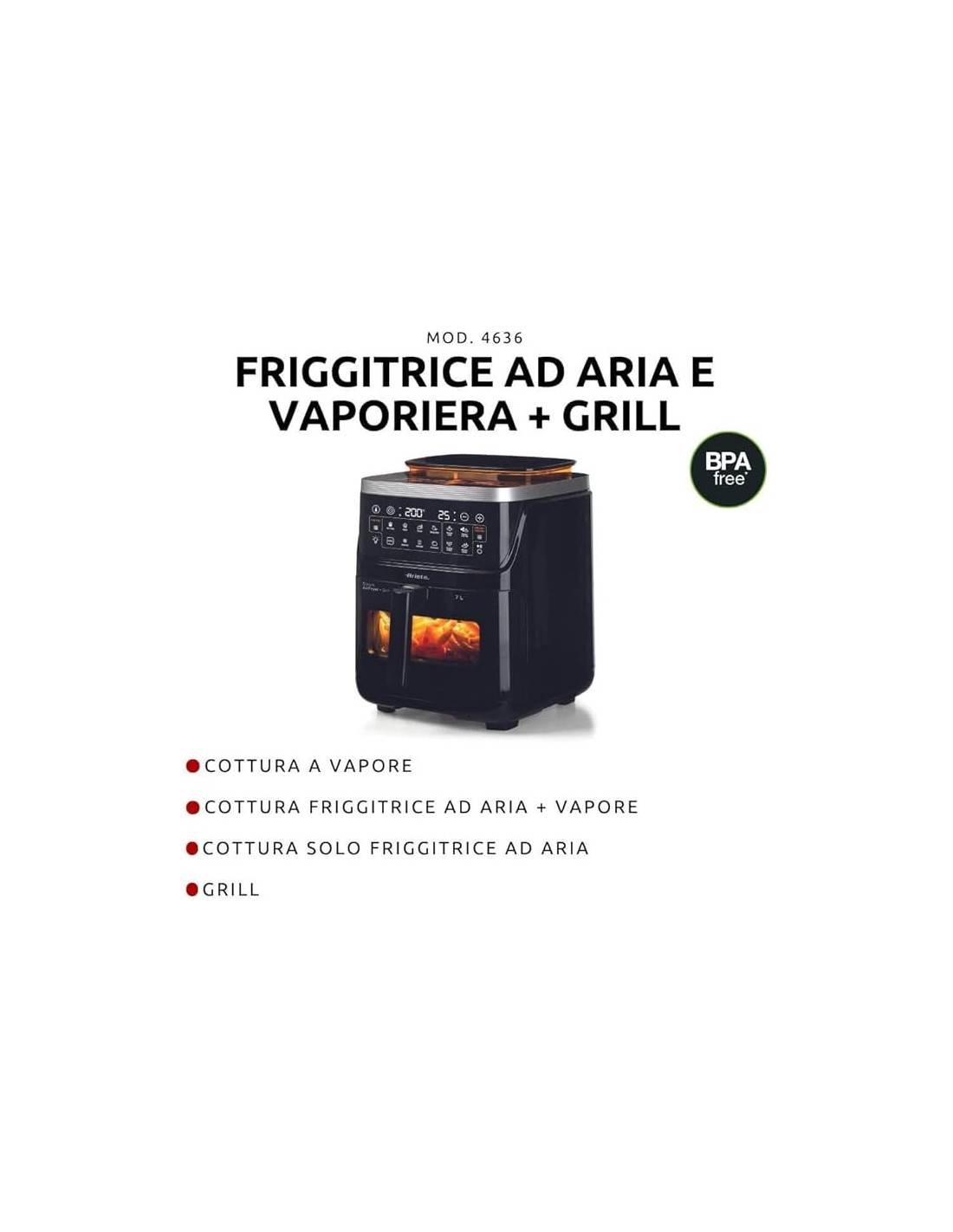 FRIGGITRICI: vendita online Ariete 4636 Friggitrice ad Aria, Funzione Vapore, Grill, 1700W, 10 Funzioni, Cestello Trasparente...