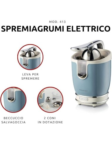SPREMIAGRUMI: vendita online Ariete 413 Spremiagrumi Elettrico con Leva, 85W, Salvagoccia, Design Vintage, Celeste in offerta