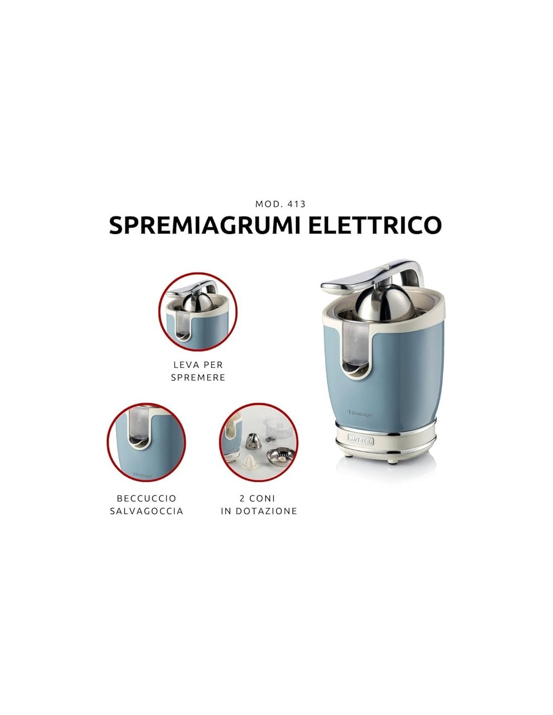 SPREMIAGRUMI: vendita online Ariete 413 Spremiagrumi Elettrico con Leva, 85W, Salvagoccia, Design Vintage, Celeste in offerta