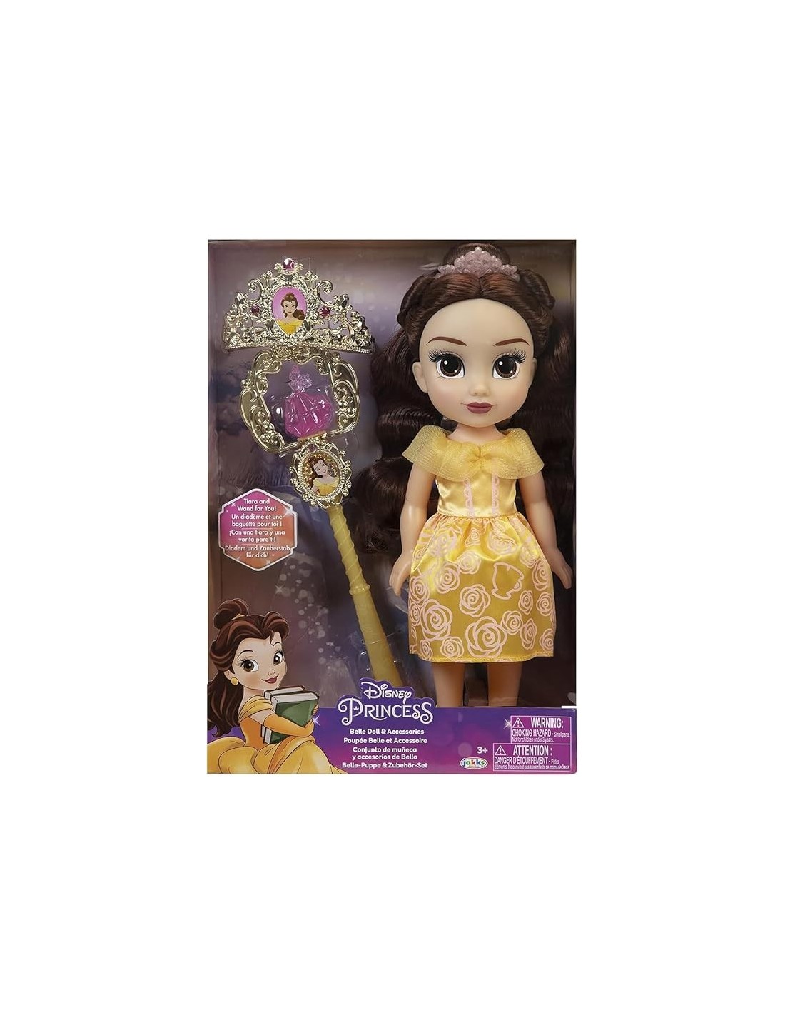 PRINCESS 21339 BELLE, BAMBOLA CON ACCESSORI, GIOCATTOLO DISNEY, VESTITO GIALLO, CAPELLI CASTANI, BAMBINA 3+