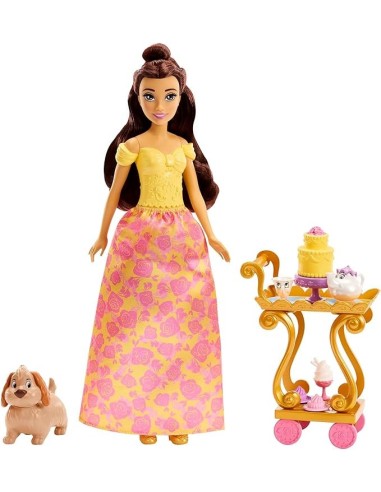 DISNEY PRINCESS SET DA TÈ DI BELLE, PLAYSET HLW20, BAMBOLA CON VESTITI SCINTILLANTI, ACCESSORI, GIOCATTOLI BAMBINE 3+