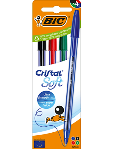 Penne BIC Cristal Soft blu, nera, rossa e verde, scrittura scorrevole.