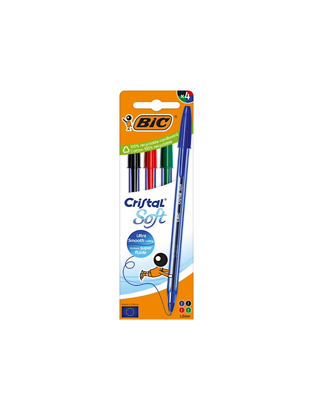 Penne BIC Cristal Soft blu, nera, rossa e verde, scrittura scorrevole.