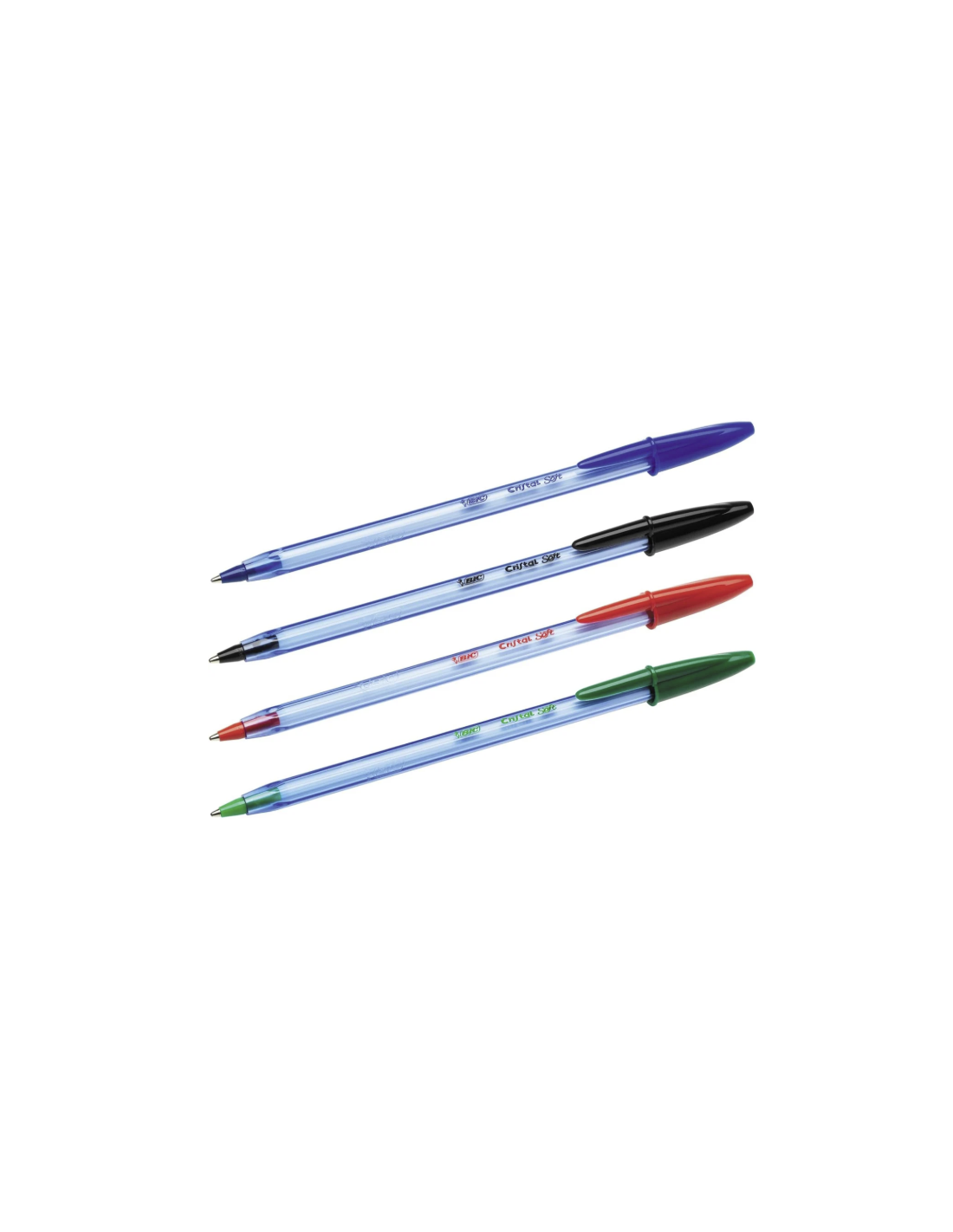 Penne BIC Cristal Soft blu, nera, rossa e verde, scrittura scorrevole.