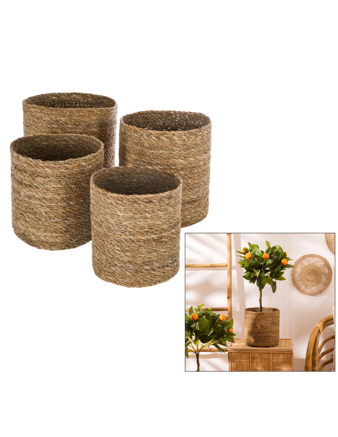 OGGETTISTICA: vendita online Set di 4 Ceste Emmet, Canna Naturale, Marrone, Ø 19 cm, Ø 21.5 cm, Ø 24 cm, Ø 27.5 cm in offerta
