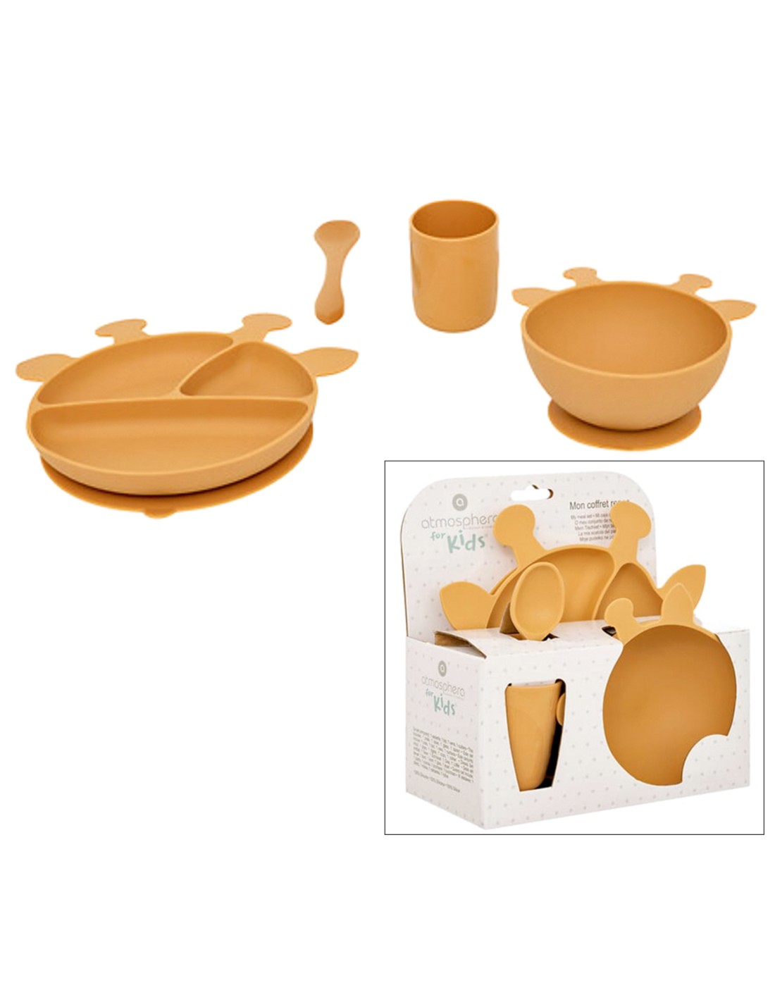 OGGETTISTICA: vendita online Set Pranzo, 4 Pezzi, Giraffa, Silicone, Ocre, Piatto, Ciotola, Bicchiere, Cucchiaio in offerta
