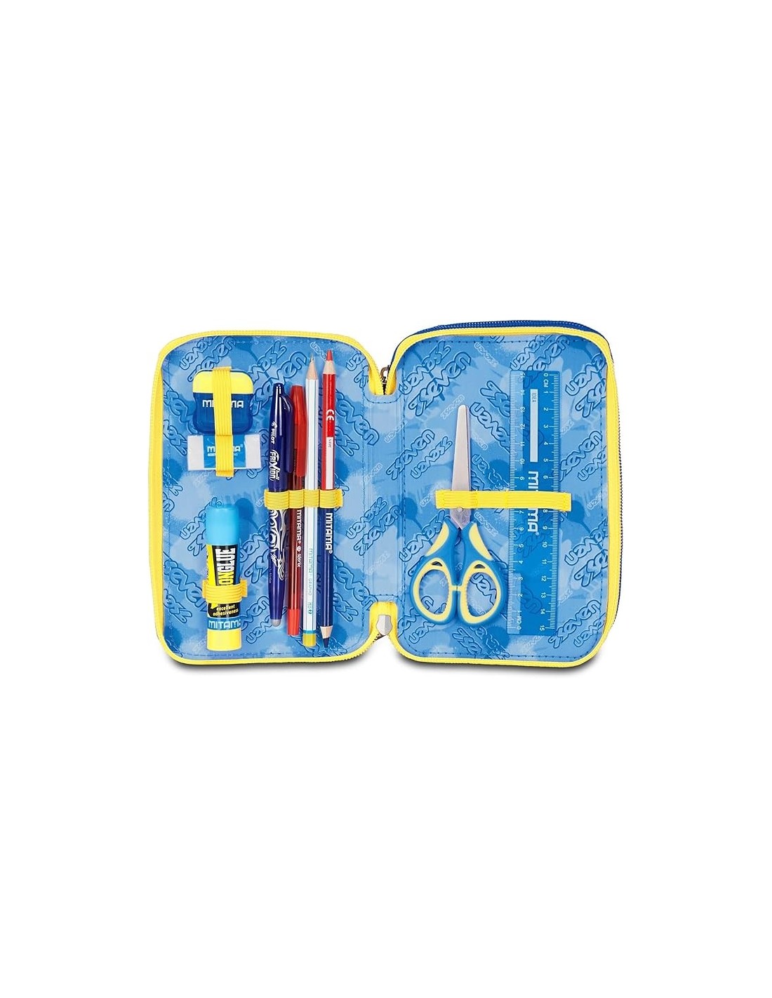 ASTUCCI: vendita online Seven Astuccio Scuola, 3 Zip, Blu Giallo, 12,5x20x7 cm, Triplo Scomparto, Penne, Matite, Colori in of...