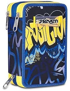ASTUCCI: vendita online Seven Astuccio Scuola, 3 Zip, Blu Giallo, 12,5x20x7 cm, Triplo Scomparto, Penne, Matite, Colori in of...