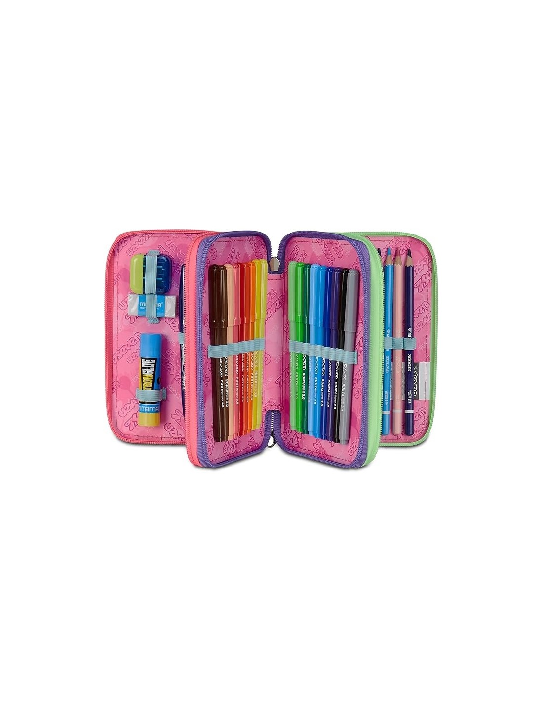ASTUCCI: vendita online Seven Astuccio Scuola, 3 Zip, Nero Fucsia, 12,5x20x7 cm, Triplo Scomparto, Penne, Matite, Colori, Acc...