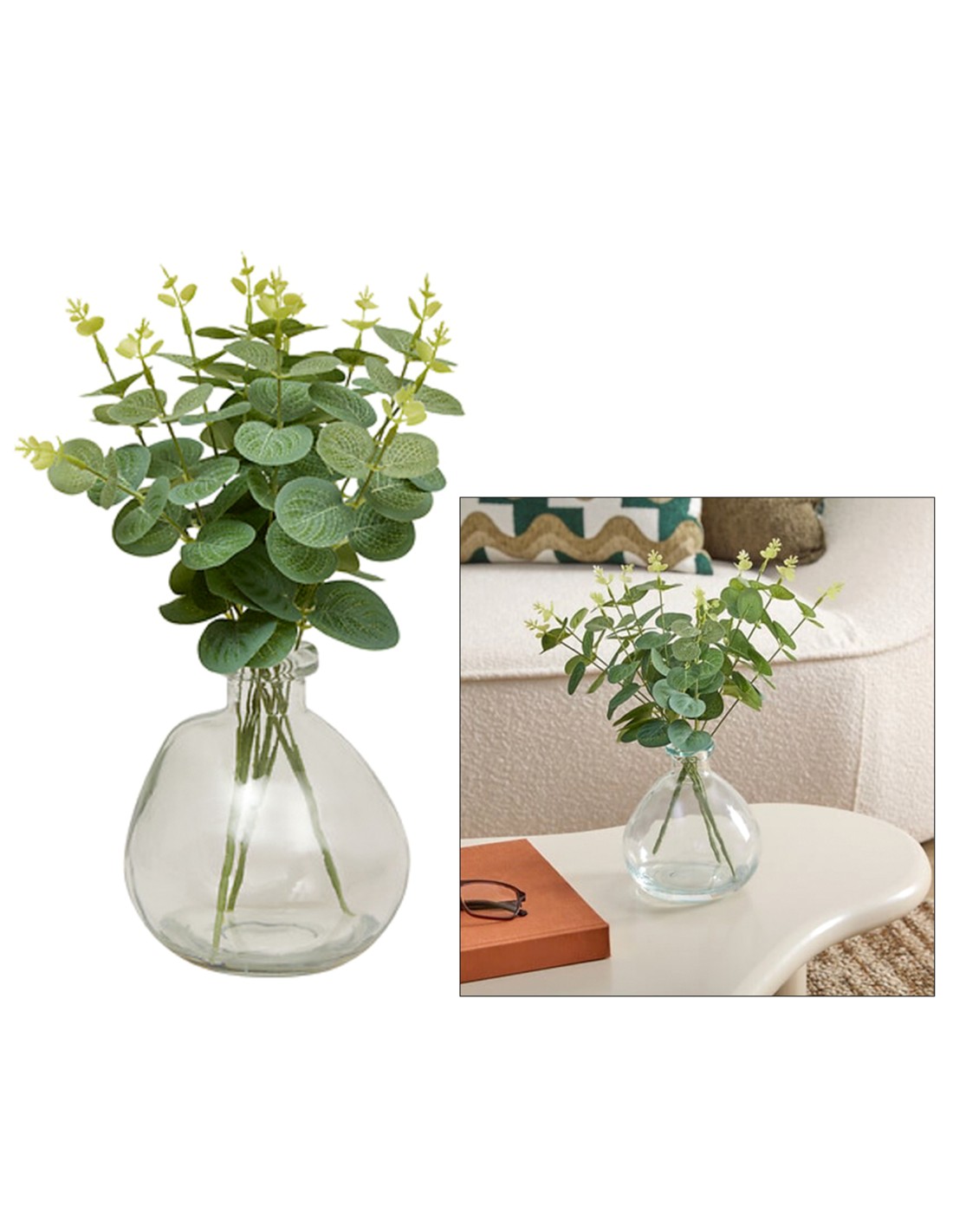 PIANTE E FIORI CON VASO: vendita online Composizione eucalipto, Urice, altezza 35 cm, vaso in vetro trasparente, 20 x 20 x 35...