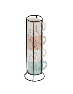 TAZZE CAFFE' E LATTE: vendita online Porta 4 tazze Viso 12 cl, faience e acciaio, set con tazze crema, verde e rosa in offerta