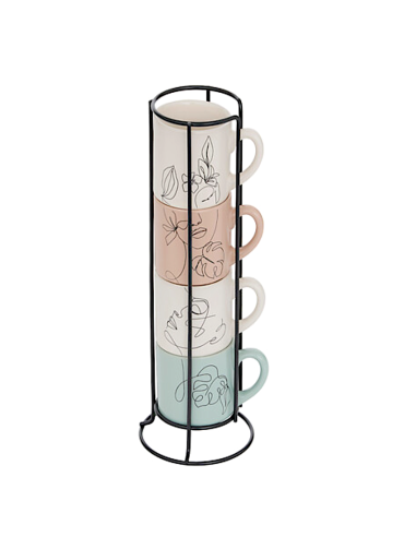 TAZZE CAFFE' E LATTE: vendita online Porta 4 tazze Viso 12 cl, faience e acciaio, set con tazze crema, verde e rosa in offerta