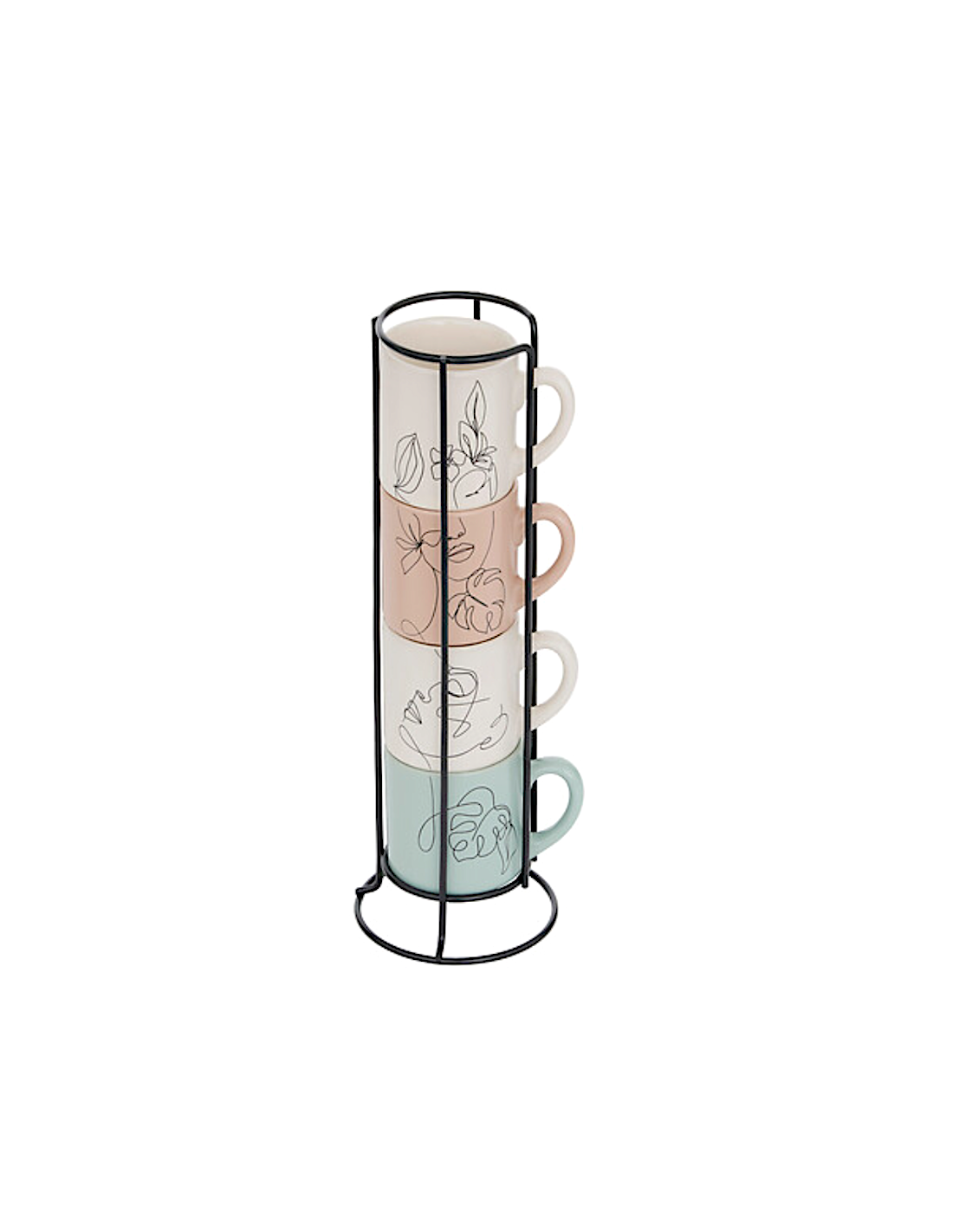 TAZZE CAFFE' E LATTE: vendita online Porta 4 tazze Viso 12 cl, faience e acciaio, set con tazze crema, verde e rosa in offerta