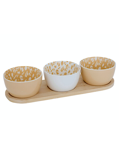 ACCESSORI VARI: vendita online Servizio aperitivo 4 pezzi, coppette stoneware, vassoio bambù, beige e moka, design elegante, ...