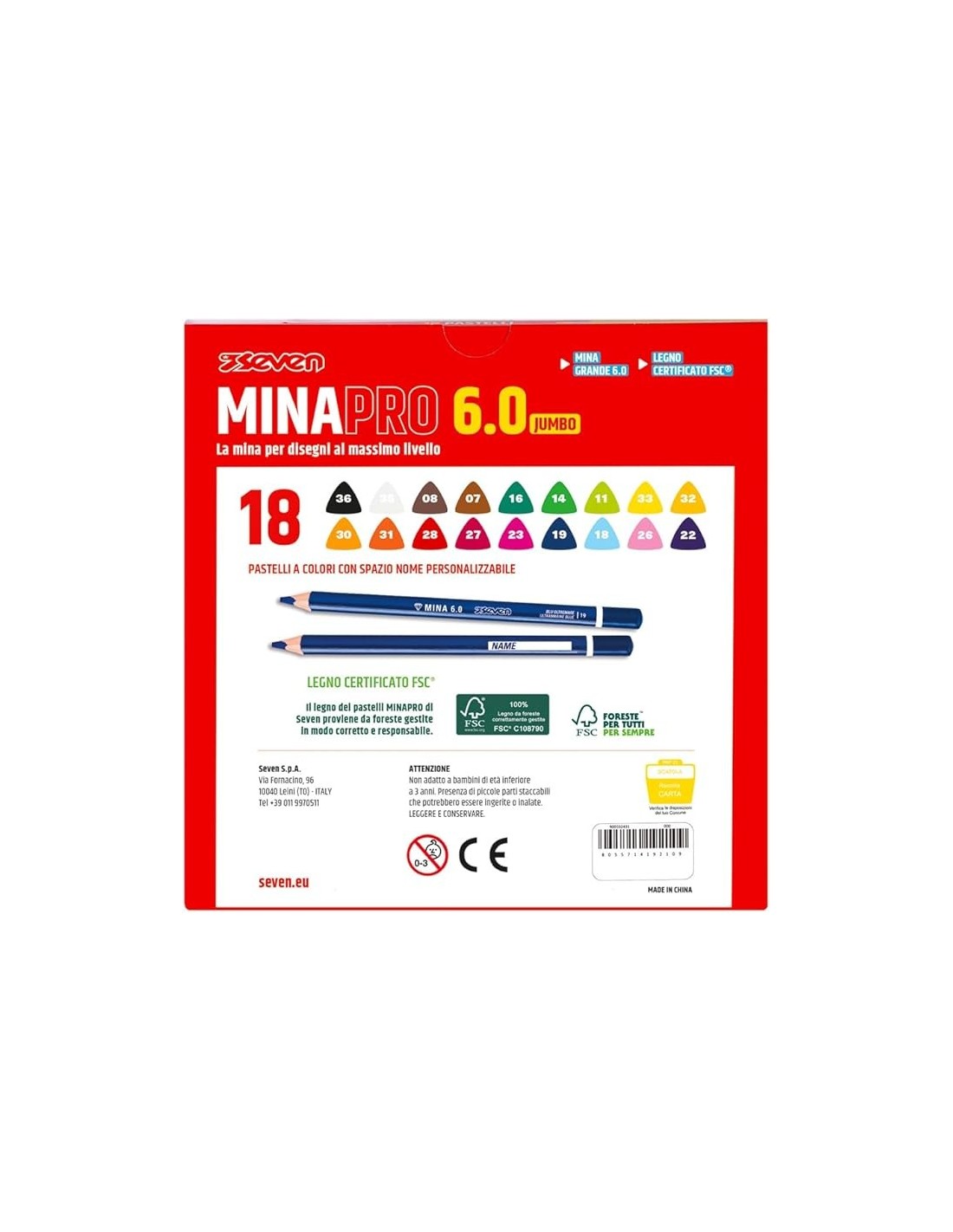 CANCELLERIA: vendita online Seven, Pastelli Scuola, Minapro 6.0, 18 Pezzi, Mina Jumbo 6 mm, Colori Vivaci, Spazio Nome, Impug...