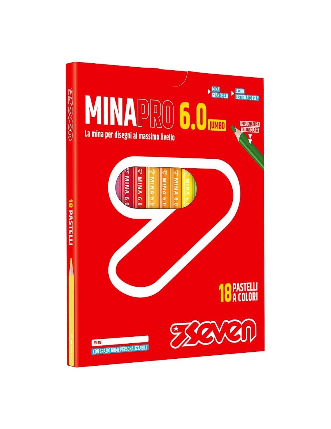 CANCELLERIA: vendita online Seven, Pastelli Scuola, Minapro 6.0, 18 Pezzi, Mina Jumbo 6 mm, Colori Vivaci, Spazio Nome, Impug...