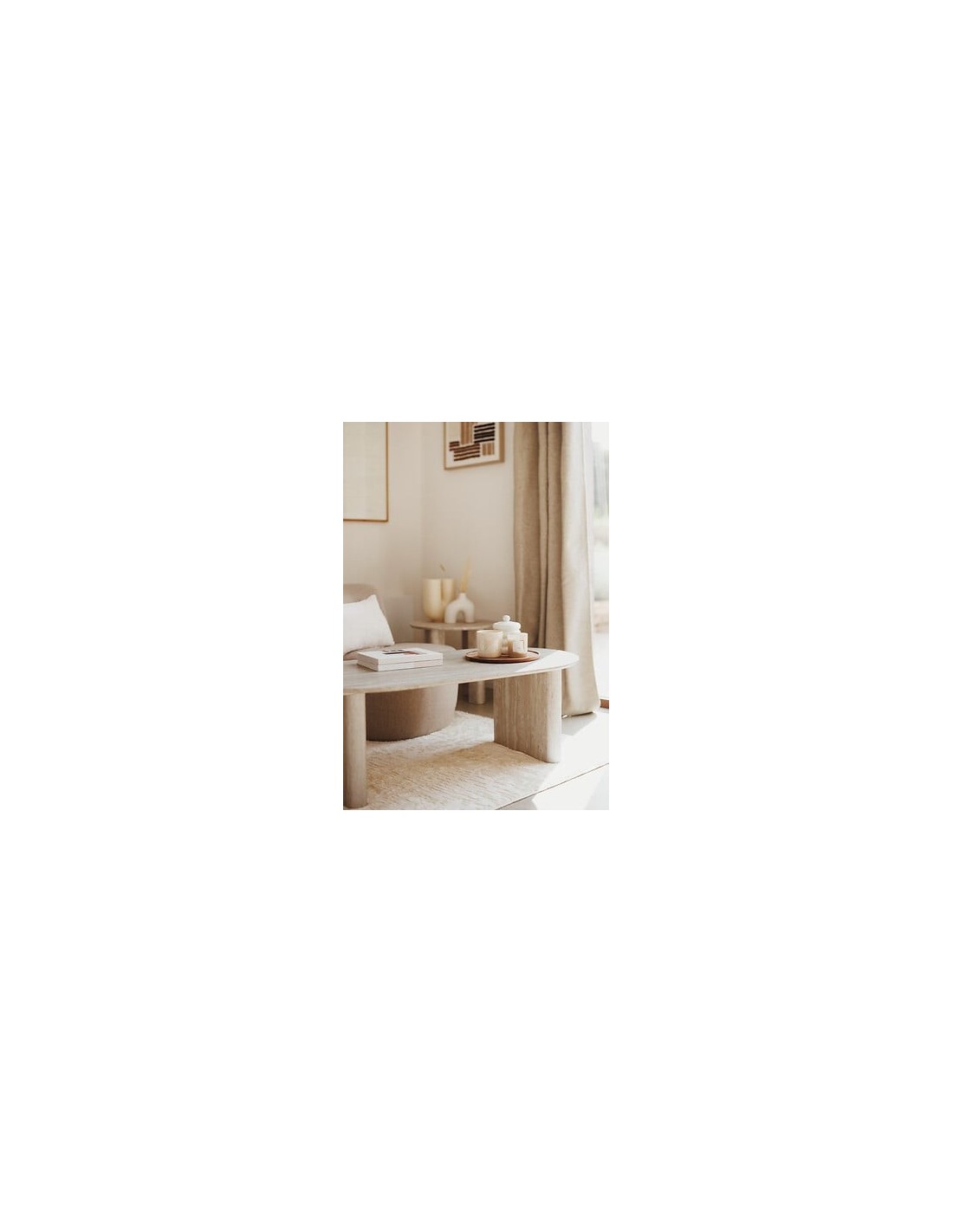 TAVOLI: vendita online Tavolino da caffè Anaya, 120x60 cm, MDF effetto travertino beige, ovale, altezza 40 cm in offerta