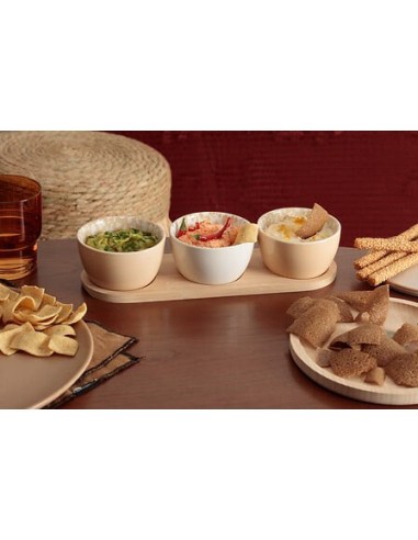 ACCESSORI VARI: vendita online Servizio aperitivo 4 pezzi, coppette stoneware, vassoio bambù, beige e moka, design elegante, ...
