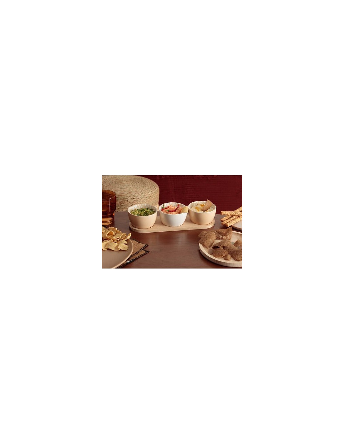 ACCESSORI VARI: vendita online Servizio aperitivo 4 pezzi, coppette stoneware, vassoio bambù, beige e moka, design elegante, ...