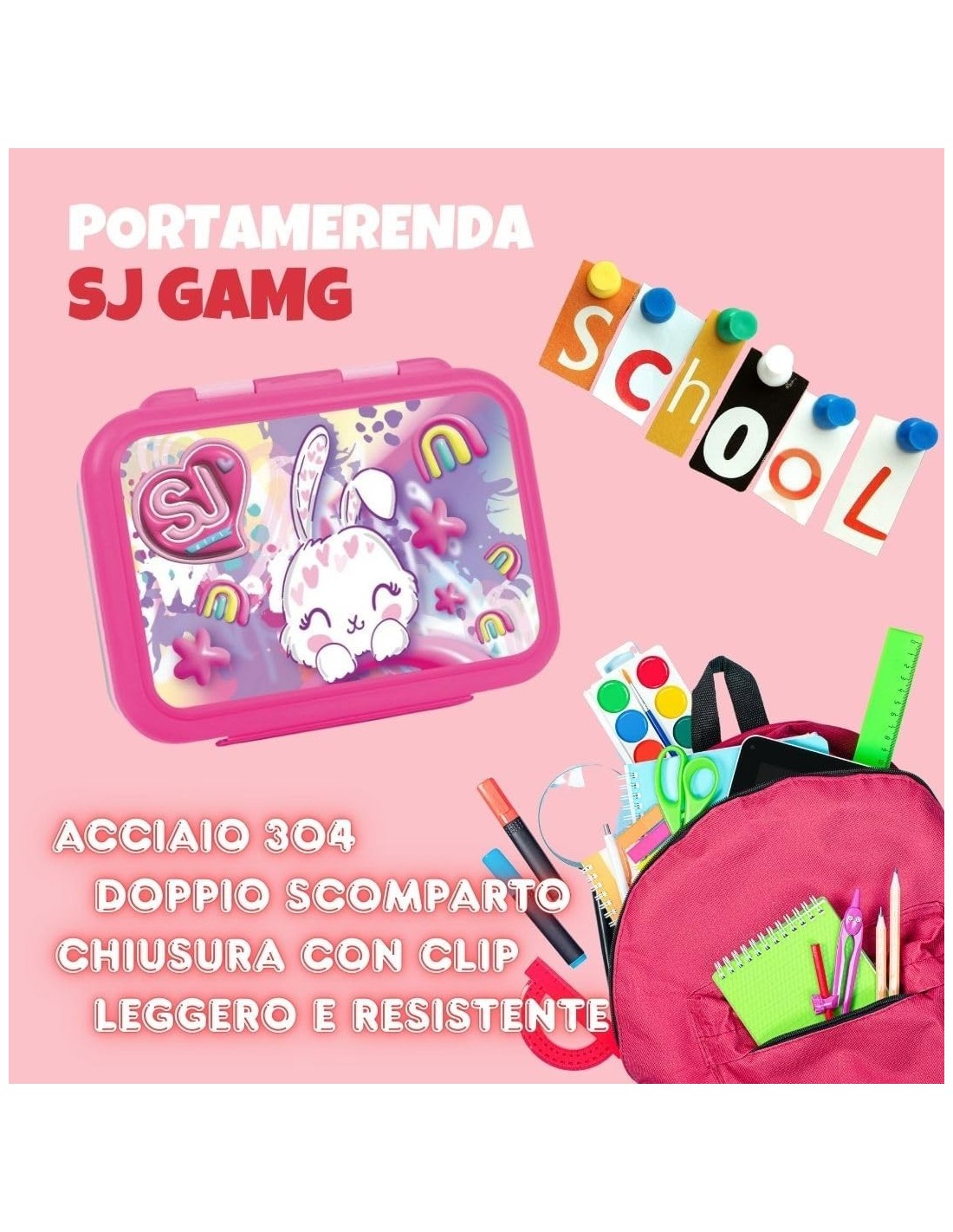THERMOS E PORTAVIVANDE: vendita online SJ Gang, Porta Merenda, Bunny Love Girl, per Scuola Elementare, 16x12x7 cm, Acciaio 30...