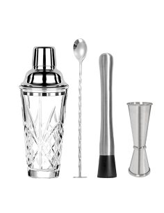 COCKTAIL SET C/ACCESSORI SET 4PZ INOX/VETRO/PP
