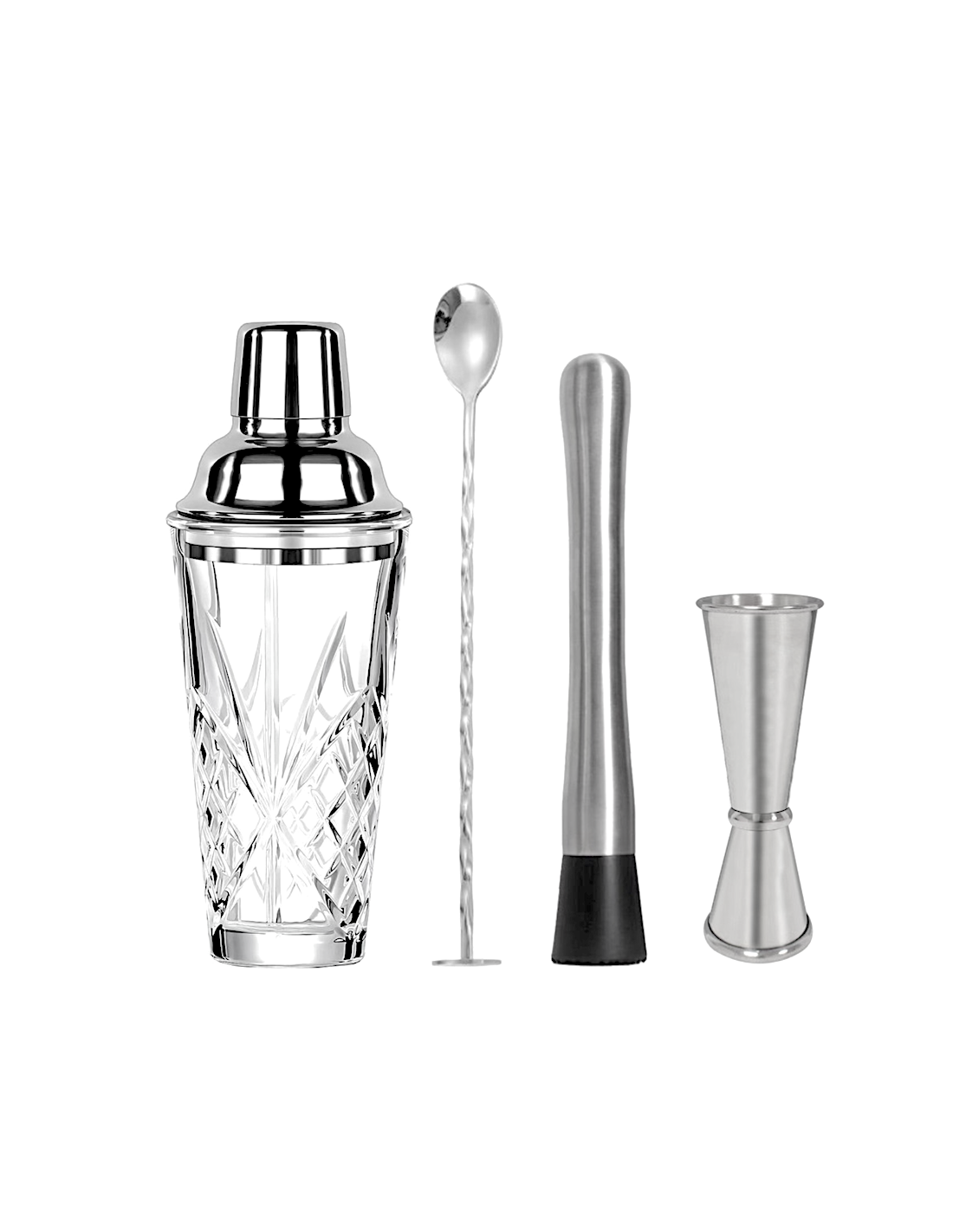 COCKTAIL SET C/ACCESSORI SET 4PZ INOX/VETRO/PP