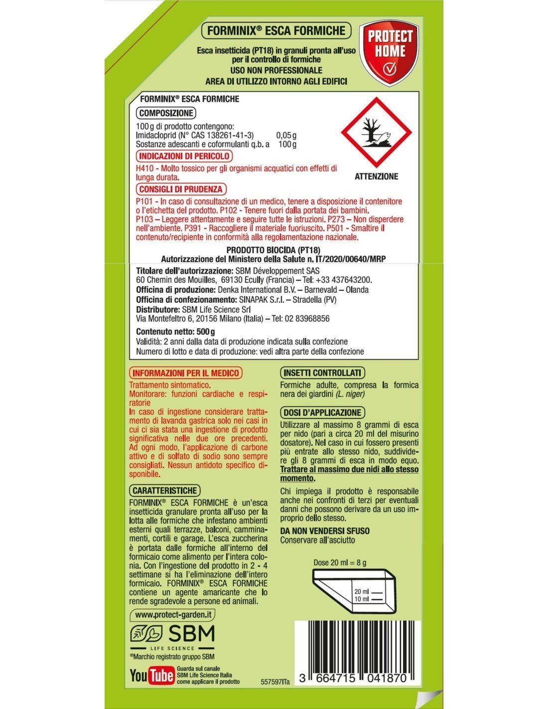 IGIENE PAVIMENTI - BAGNO - DEO CASA: vendita online ESCA FORMICHE IN GRANULI FORMINIX PROTECT HOME 500 GRAMMI CON MISURINO in...