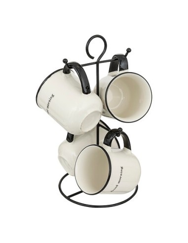 Cesto con 4 tazze in porcellana "Alix" 20 cl bianco e nero | shopincasa.it