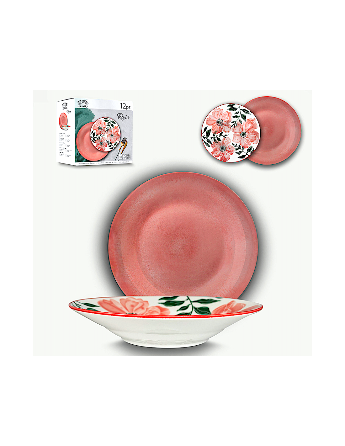 SERVIZIO 12 PIATTI TAVOLA ROSE