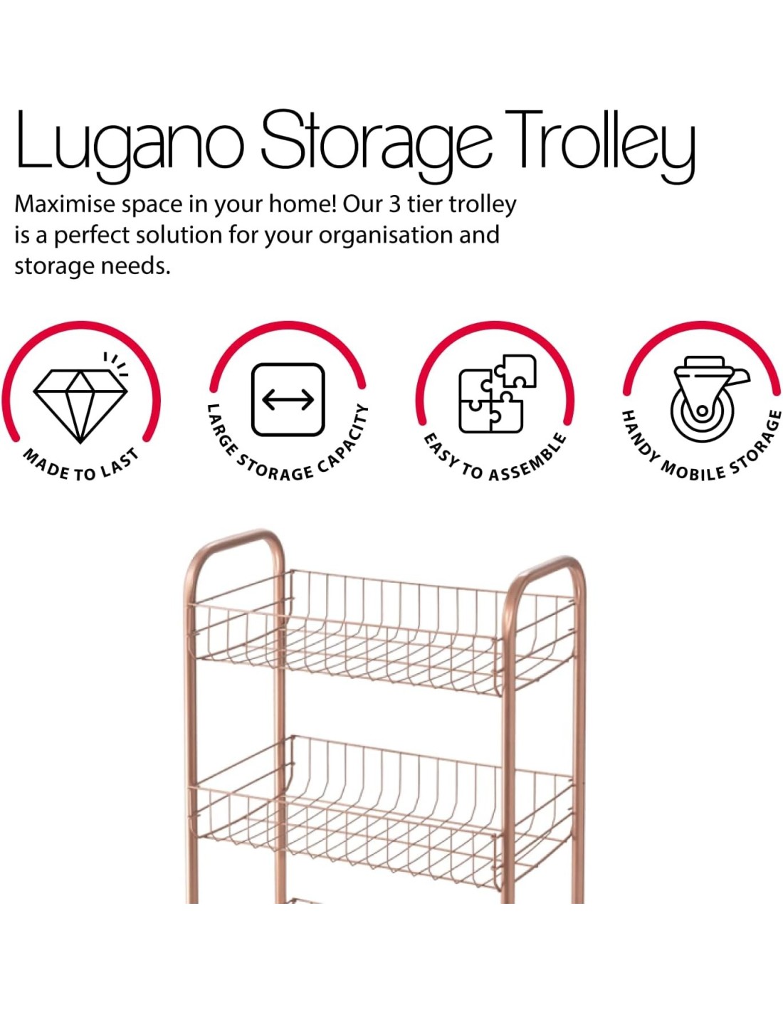 Metaltex Lugano Copper Scaffaletto 3 Piani con Ruote | shopincasa.it
