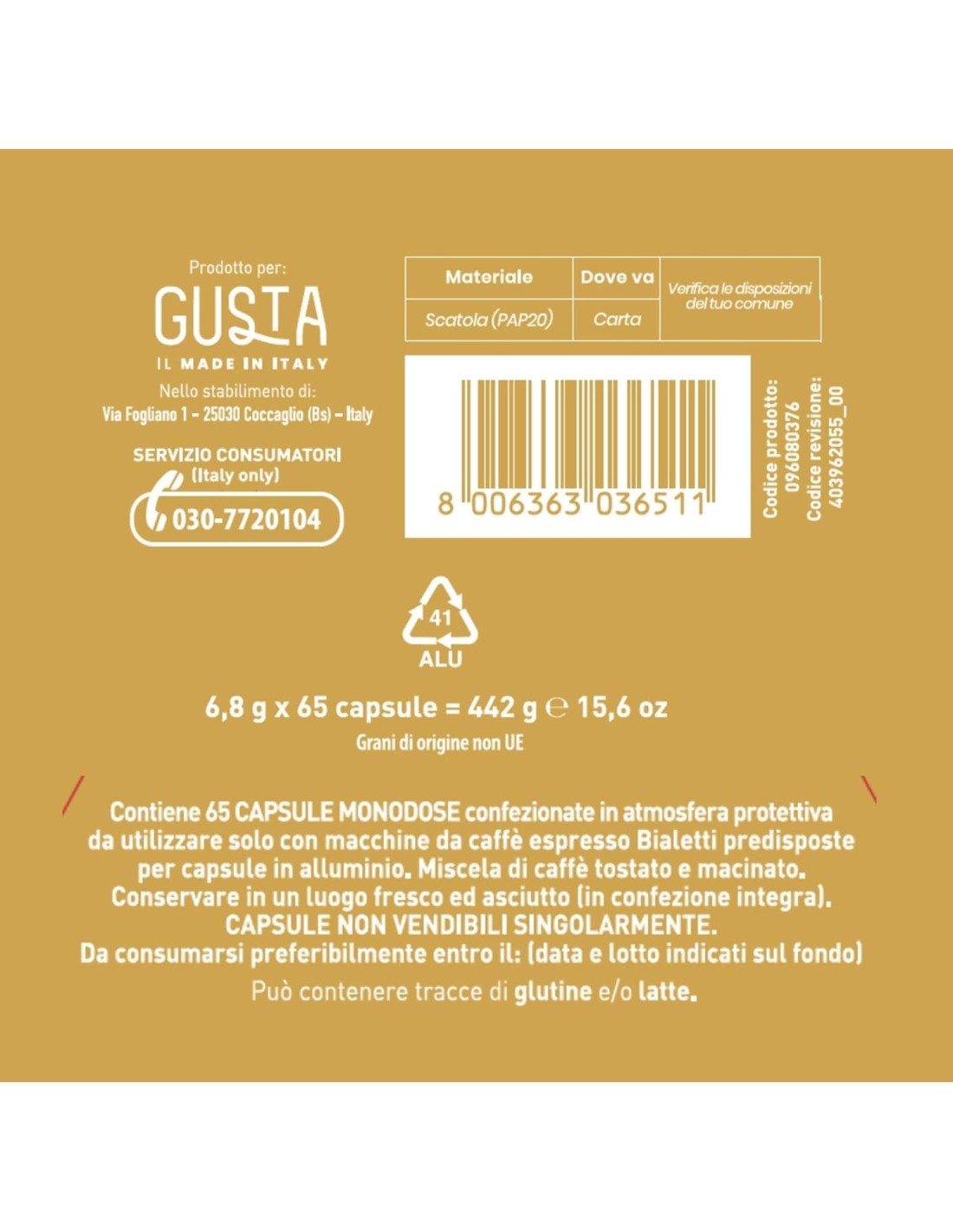 Shopincasa.it | Gusta Capsule Compatibili Bialetti Gusto Classico – 65 Pezzi