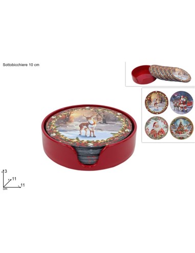 SET 8 SOTTOBICCHIERI CON CONTENITORE DECORO NATALIZIO ASSORTITO