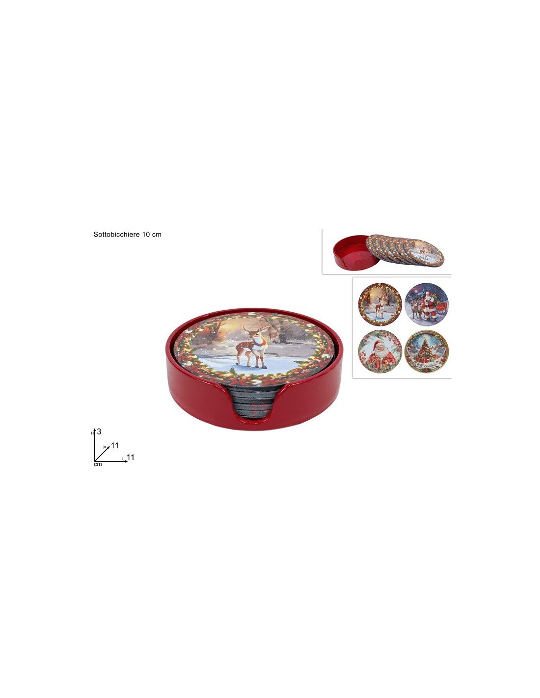 SET 8 SOTTOBICCHIERI CON CONTENITORE DECORO NATALIZIO ASSORTITO