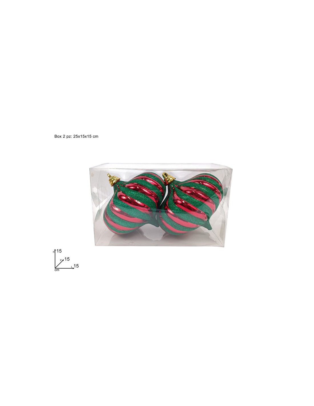 CONF 2 SFERE GOCCIA 15CM ROSSO GLITTER VERDE