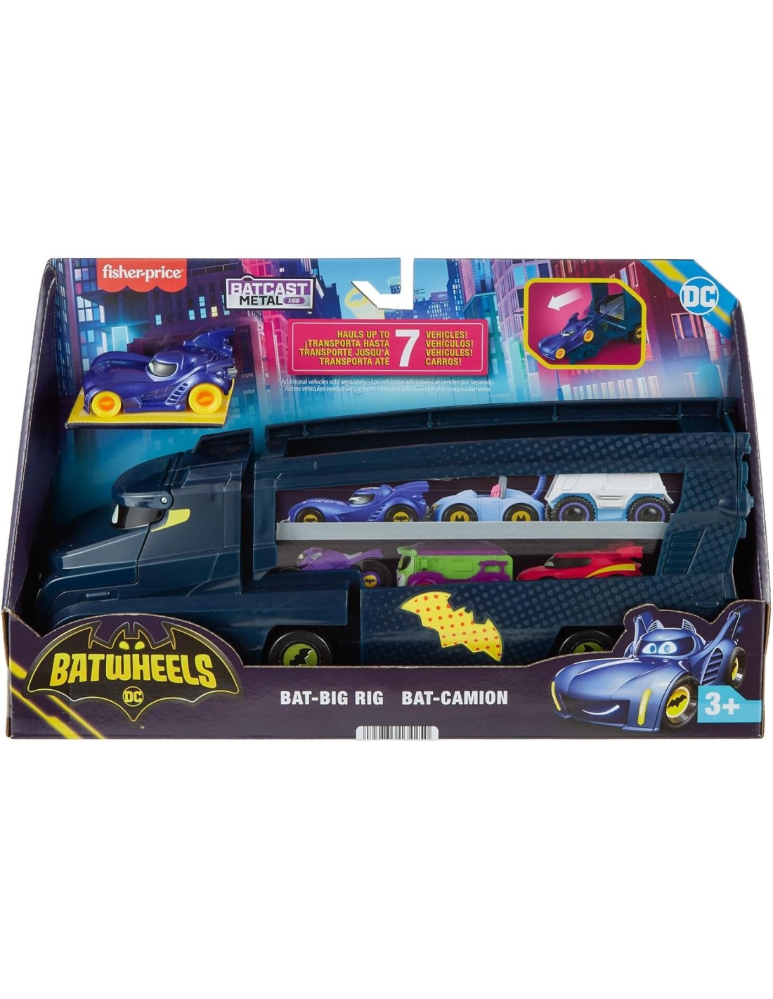 Playset Bat-Autotreno Fisher-Price DC Batwheels con rampa e Bam Batmobile, può contenere fino a 7 veicoli die-cast.