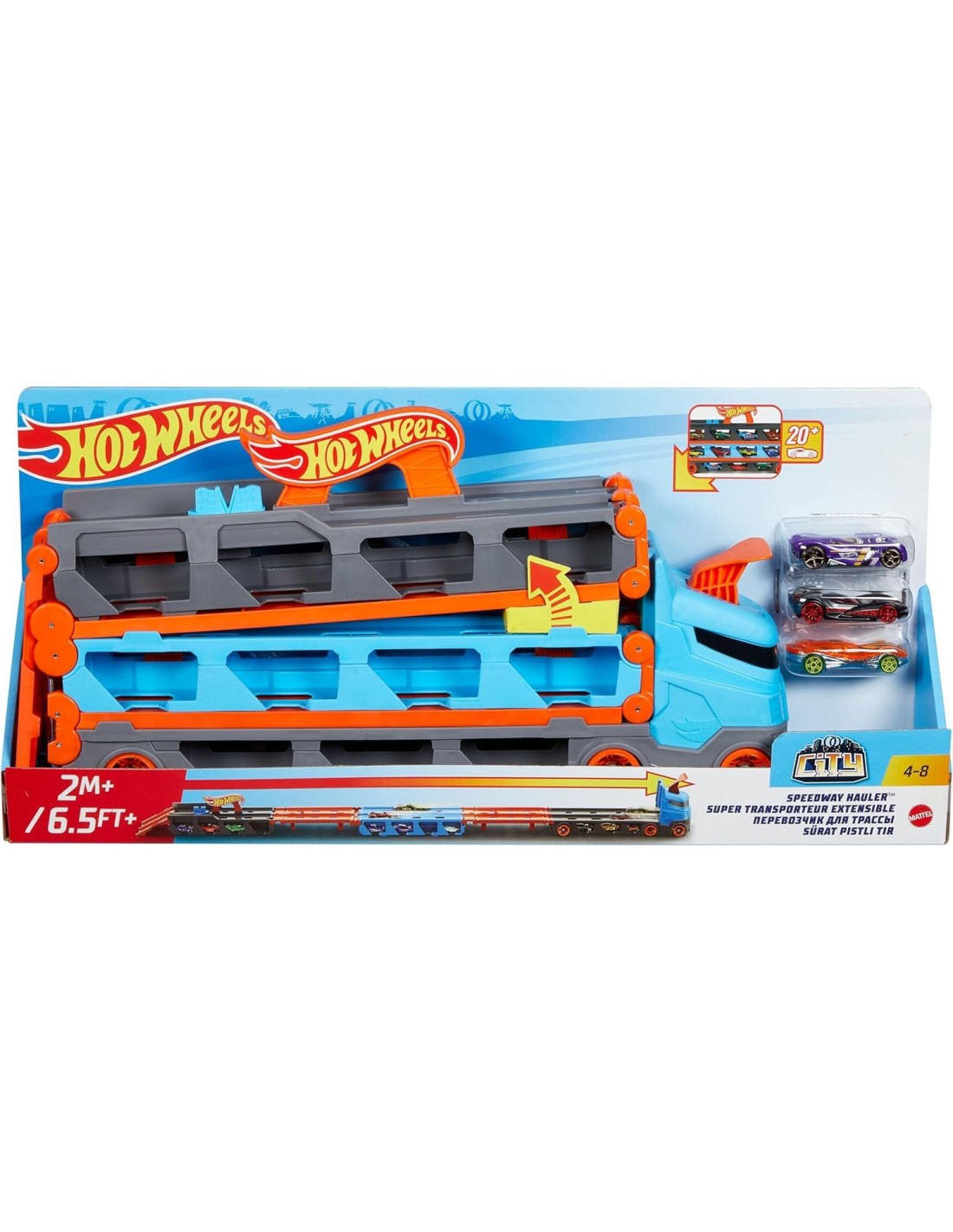 Hot Wheels Camion 2 in 1 Trasportatore e Pista con 3 Macchinine | Shopincasa.it