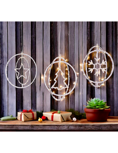 LUCI DI NATALE: vendita online Decorazione di Natale ø32cm PGS Crystal, Mix3 Soggetti Stella Fiocco Albero, MicroLED Bianco C...