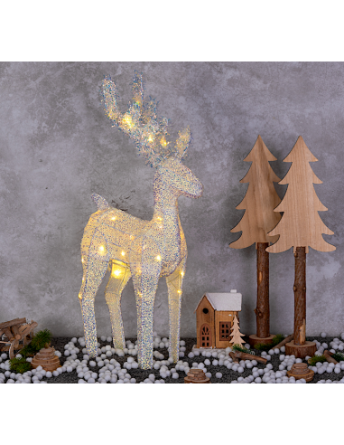 LUCI DI NATALE: vendita online Renna di Natale 3D H58cm, Tessuto Bianco Iridescente, 30 LED Bianco Caldo SuperBright, Timer 8...