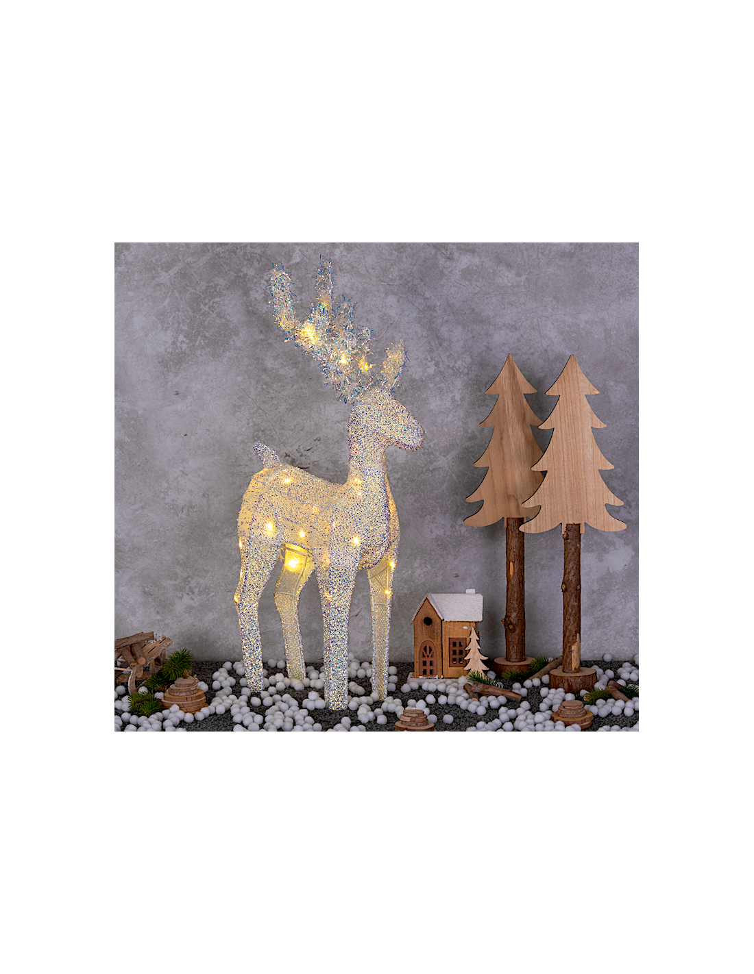 LUCI DI NATALE: vendita online Renna di Natale 3D H58cm, Tessuto Bianco Iridescente, 30 LED Bianco Caldo SuperBright, Timer 8...