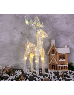LUCI DI NATALE: vendita online Renna di Natale 3D H45cm, Tessuto Bianco Iridescente, 20 LED Bianco Caldo SuperBright, Timer 8... 2