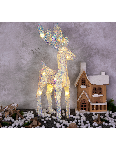LUCI DI NATALE: vendita online Renna di Natale 3D H45cm, Tessuto Bianco Iridescente, 20 LED Bianco Caldo SuperBright, Timer 8...