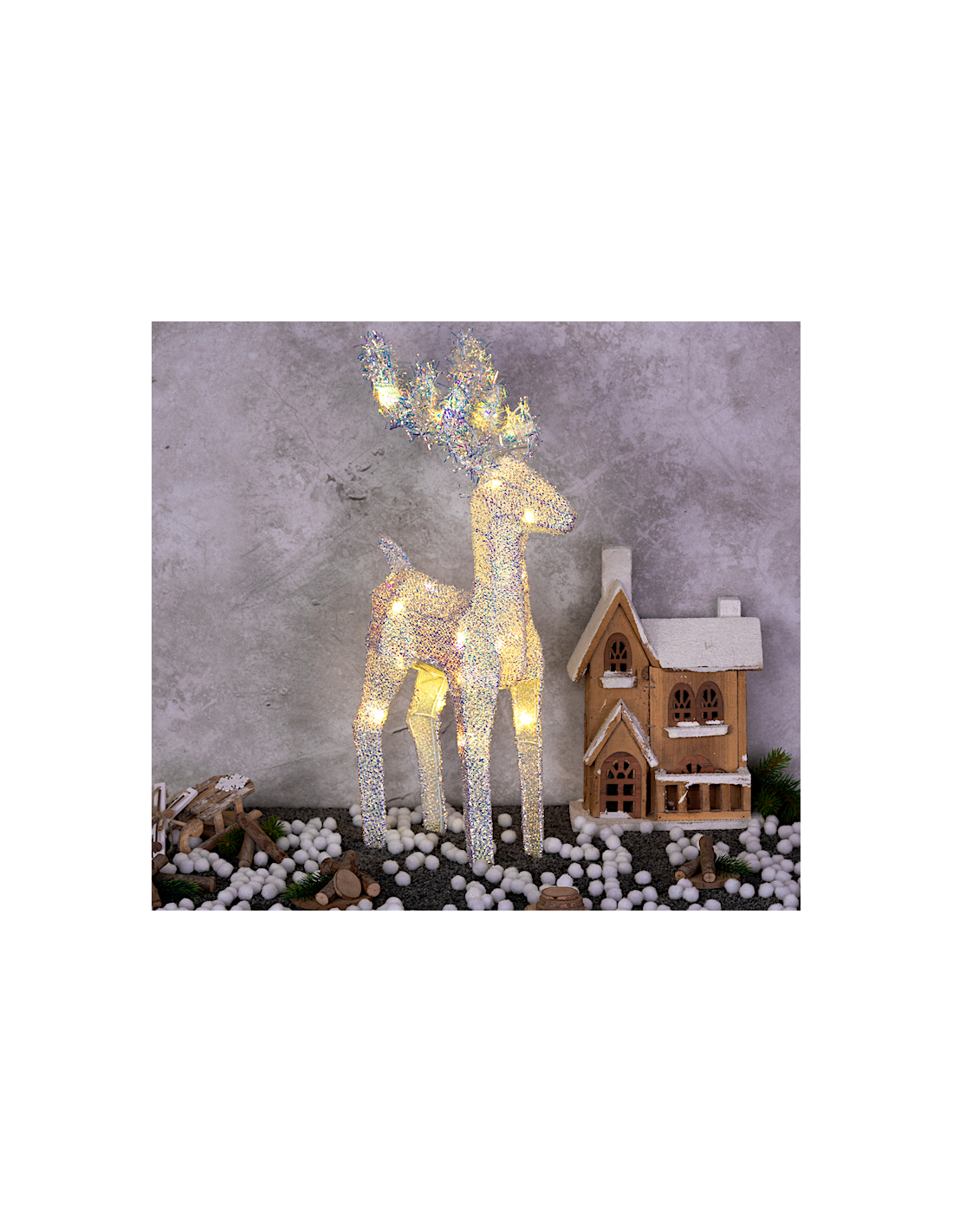 LUCI DI NATALE: vendita online Renna di Natale 3D H45cm, Tessuto Bianco Iridescente, 20 LED Bianco Caldo SuperBright, Timer 8...