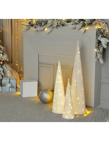 LUCI DI NATALE: vendita online Set 3 Coni di Natale IWR 3D H80-60-40cm, Tessuto Bianco Iridescente, 120 LED Bianco Caldo, Tim...